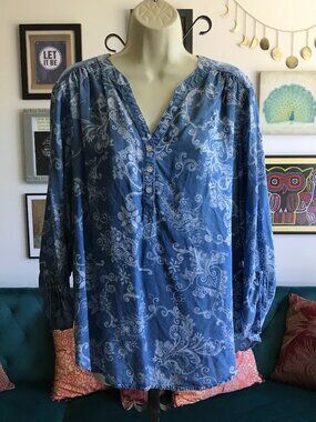 ALFRED DUNNER size LP Chambray Blue Tencel Denim Paisley Popover Blouse Top